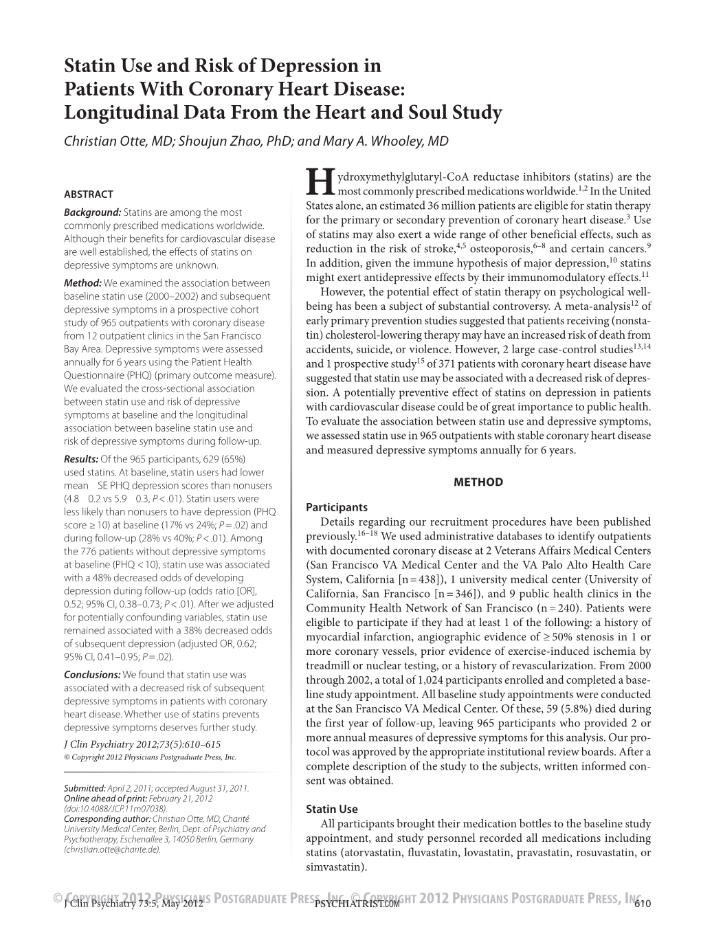 Statin Use and Risk of Depression in Patients with Coronary Heart Disease