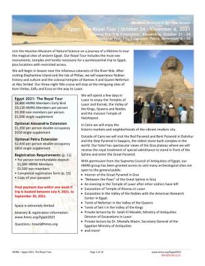 Egypt: the Royal Tour | October 24 – November 6, 2021 Optional Pre-Trip Extensions: Alexandria, October 21 – 24 Optional Post-Trip Extension: Petra, November 6 - 10