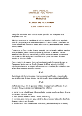 Do Sumo Pontífice Francisco Maiorem Hac Dilectionem Sobre a Oferta Da Vida