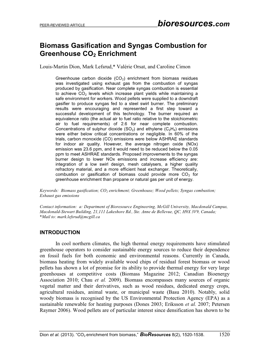 Biomass Gasification and Syngas Combustion for Greenhouse CO2 Enrichment