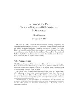 A Proof of the Full Shimura-Taniyama-Weil Conjecture Is Announced