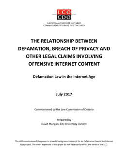 The Relationship Between Defamation, Breach of Privacy and Other Legal Claims Involving Offensive Internet Content