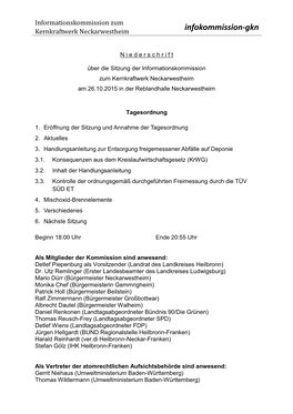 Niederschrift Über Die 9. Sitzung Der Informationskommission Zum