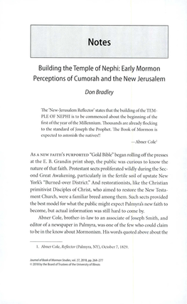 Building Thetemple of Nephi: Early Mormon Perceptions of Cumorah and the New Jerusalem