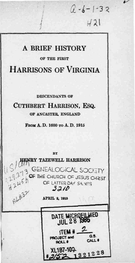 A Brief History Harrisons of Virginia