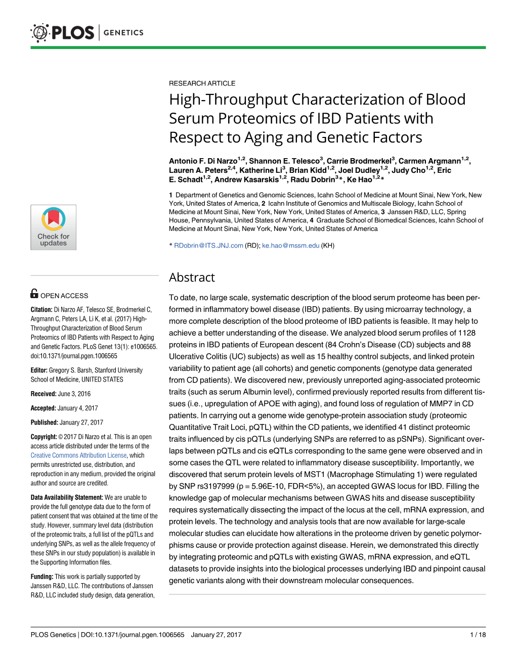 High-Throughput Characterization of Blood Serum Proteomics of IBD Patients with Respect to Aging and Genetic Factors