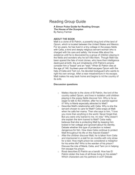 Reading Group Guide a Simon Pulse Guide for Reading Groups the House of the Scorpion by Nancy Farmer