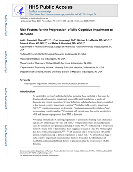 Risk Factors for the Progression of Mild Cognitive Impairment to Dementia