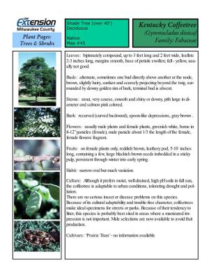 Kentucky Coffeetree (Gymnocladus Dioica) Plant Pages: Native Family: Fabaceae Trees & Shrubs Map #45