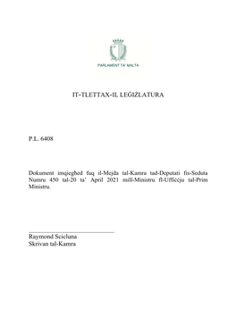 Dokument Imqiegħed Fuq Il-Mejda Tal-Kamra Tad-Deputati Fis-Seduta Numru 450 Tal-20 Ta’ April 2021 Mill-Ministru Fl-Uffiċċju Tal-Prim Ministru