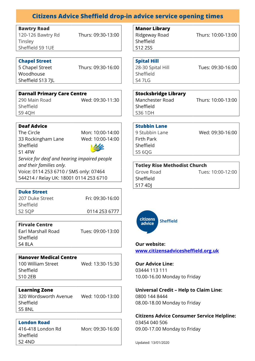 Citizens Advice Sheffield Drop-In Advice Service Opening Times