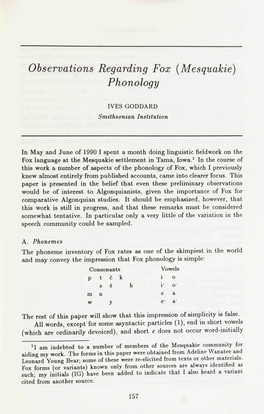 Observations Regarding Fox (Mesquakie) Phonology