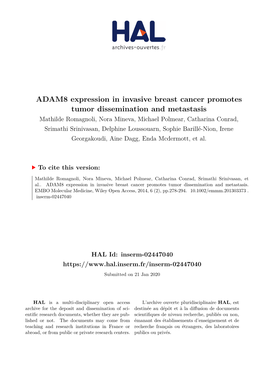 ADAM8 Expression in Invasive Breast Cancer Promotes Tumor Dissemination and Metastasis