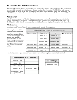 AP Chemistry 2021-2022 Summer Review Nomenclature