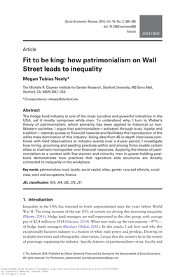 Fit to Be King: How Patrimonialism on Wall Street Leads to Inequality Megan Tobias Neely*