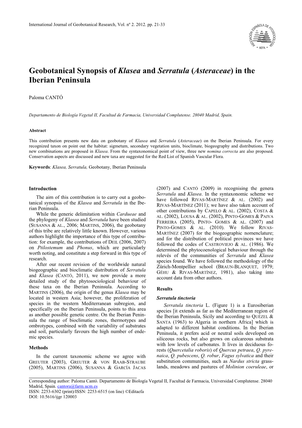 Geobotanical Synopsis of Klasea and Serratula (Asteraceae) in the Iberian Peninsula