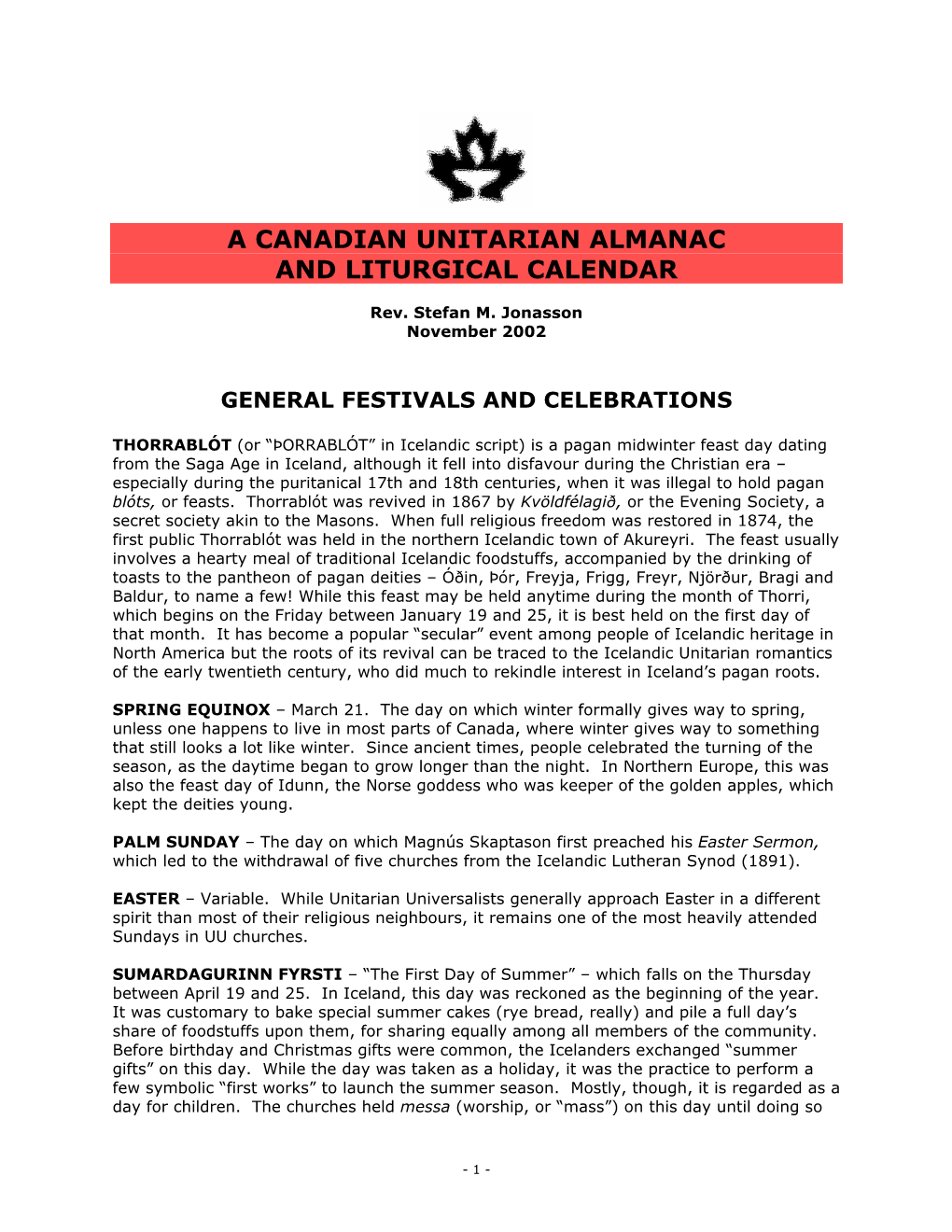 A Canadian Unitarian Almanac and Liturgical Calendar