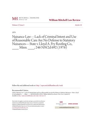 Nuisance Law—Lack of Criminal Intent and Use of Reasonable Care Are No Defense to Statutory Nuisances—State V