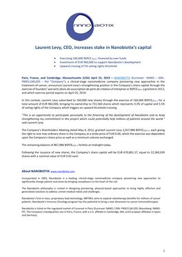 Laurent Levy, CEO, Increases Stake in Nanobiotix's Capital