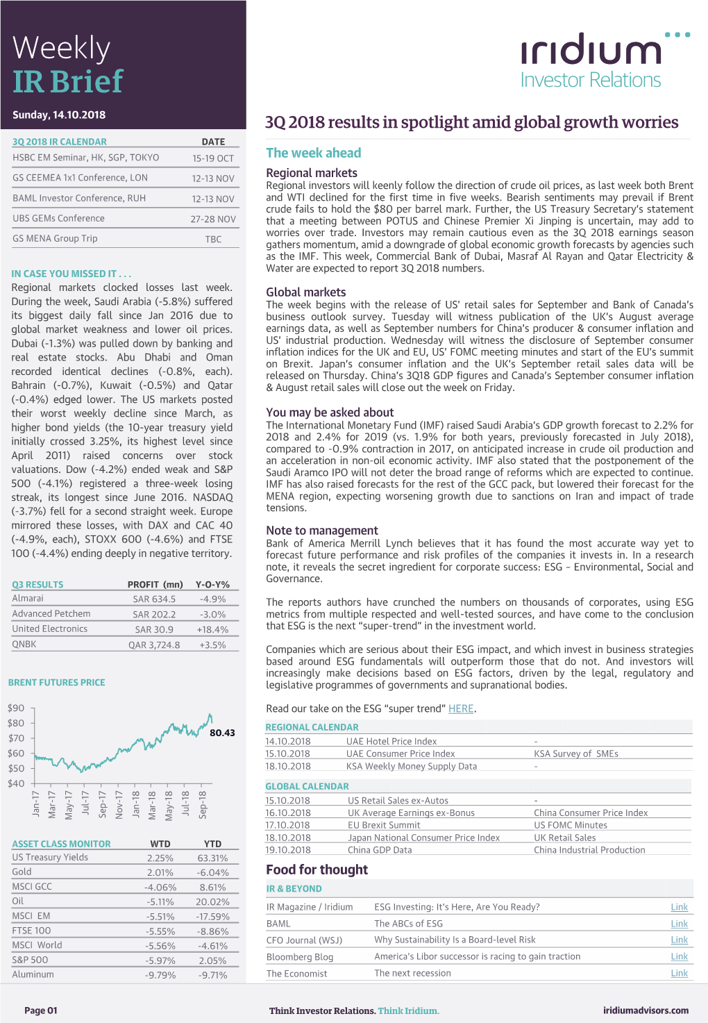 IR Brief Sunday, 14.10.2018 3Q 2018 Results in Spotlight Amid Global Growth Worries 3Q 2018 IR CALENDAR DATE HSBC EM Seminar, HK, SGP, TOKYO 15-19 OCT the Week Ahead