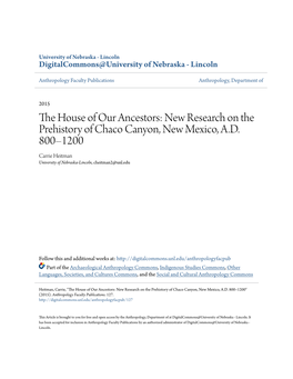 The House of Our Ancestors: New Research on the Prehistory of Chaco Canyon, New Mexico, A.D. 800Â•Fi1200