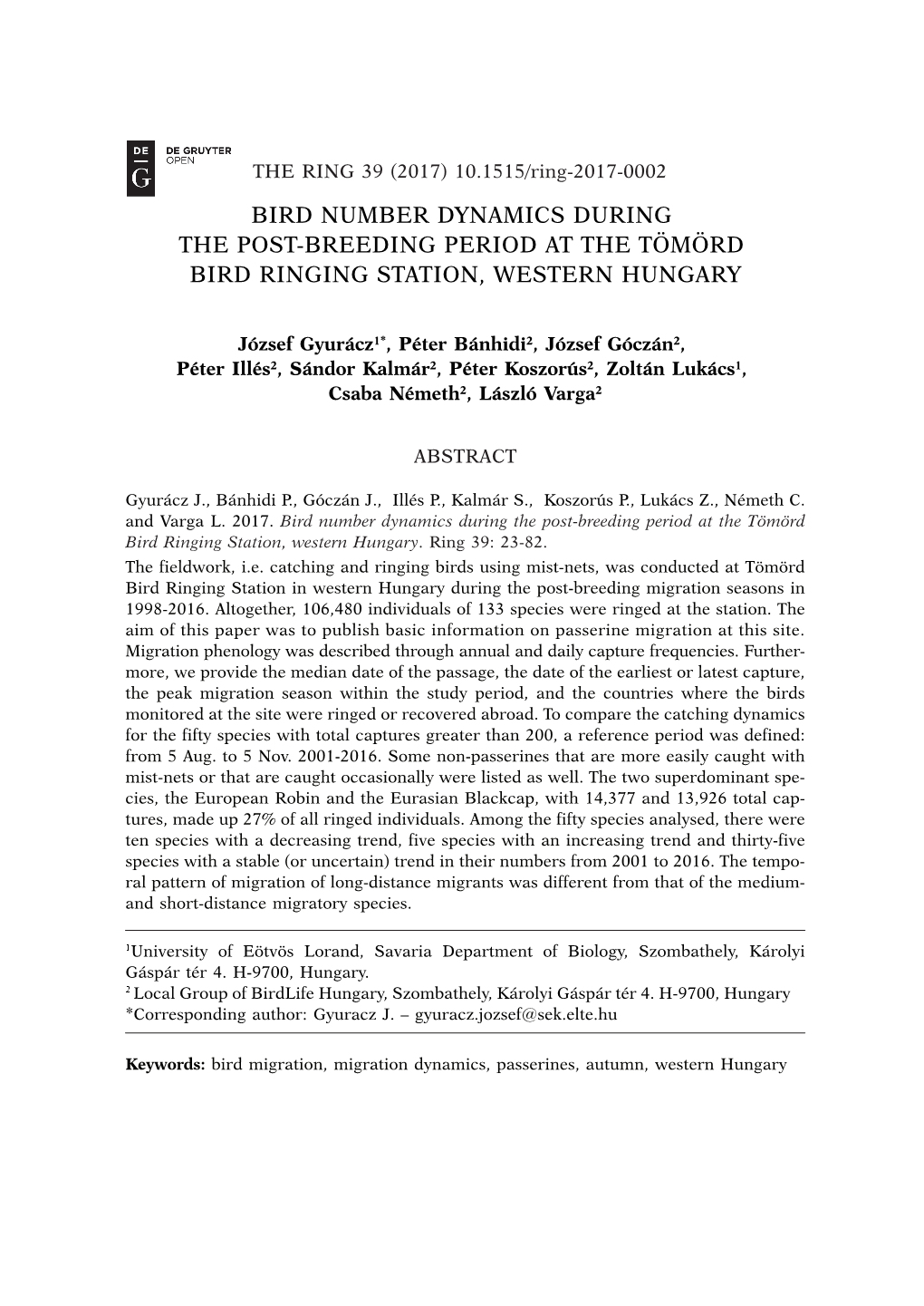 Bird Number Dynamics During the Post-Breeding Period at the Tömörd Bird Ringing Station, Western Hungary