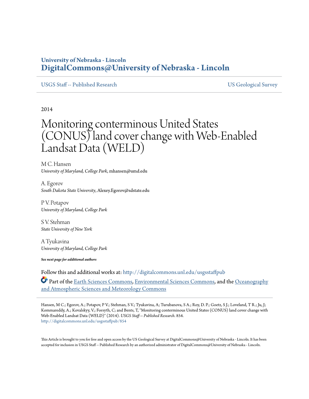 (CONUS) Land Cover Change with Web-Enabled Landsat Data (WELD) M C