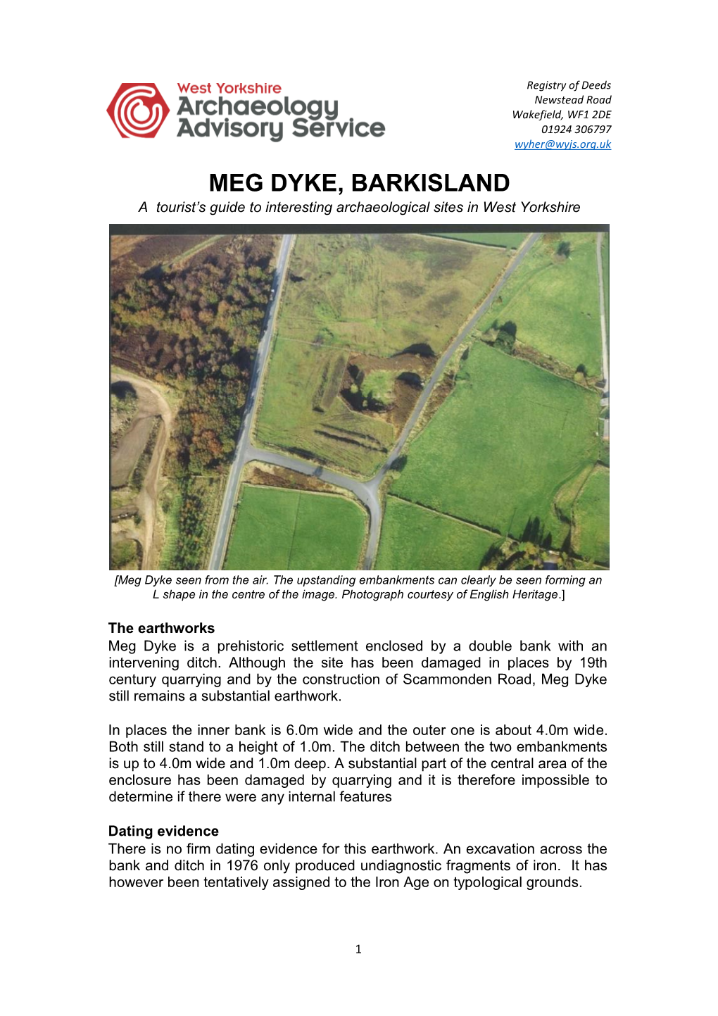 MEG DYKE, BARKISLAND a Tourist’S Guide to Interesting Archaeological Sites in West Yorkshire