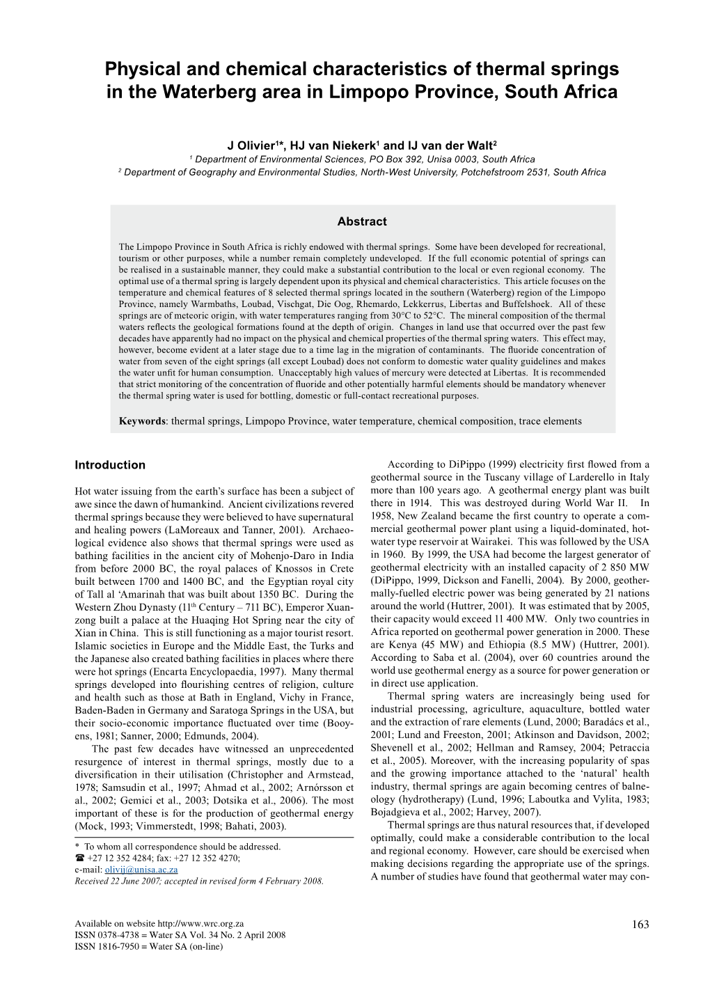 Physical and Chemical Characteristics of Thermal Springs in the Waterberg Area in Limpopo Province, South Africa