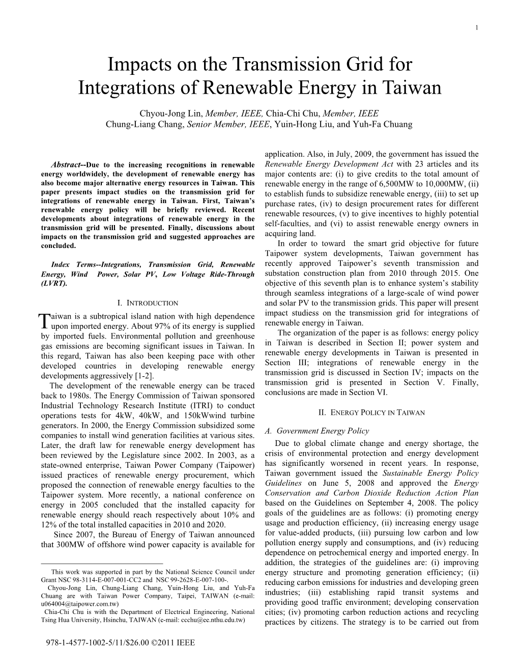 Impacts on the Transmission Grid for Integrations of Renewable Energy in Taiwan