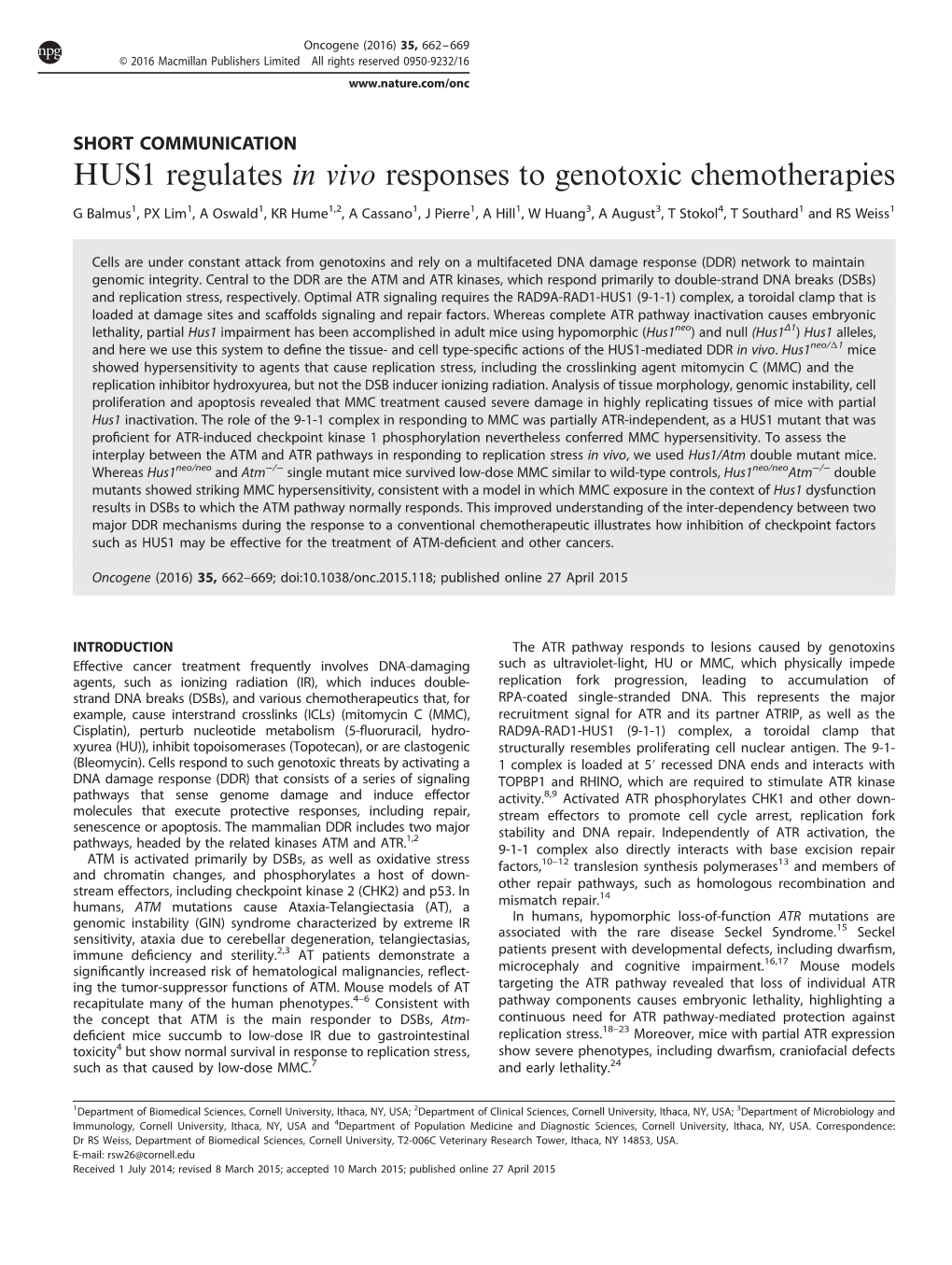 HUS1 Regulates in Vivo Responses to Genotoxic Chemotherapies