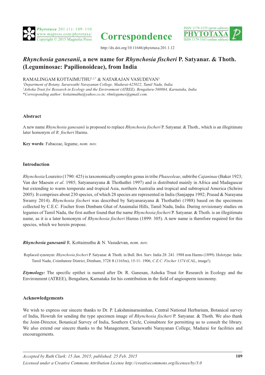 Rhynchosia Ganesanii, a New Name for Rhynchosia Fischeri P. Satyanar