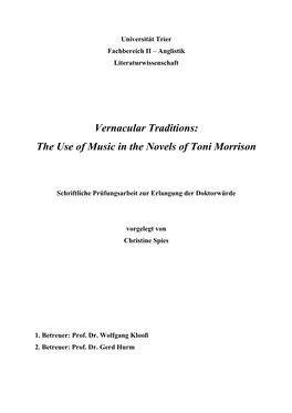Vernacular Traditions: the Use of Music in the Novels of Toni Morrison