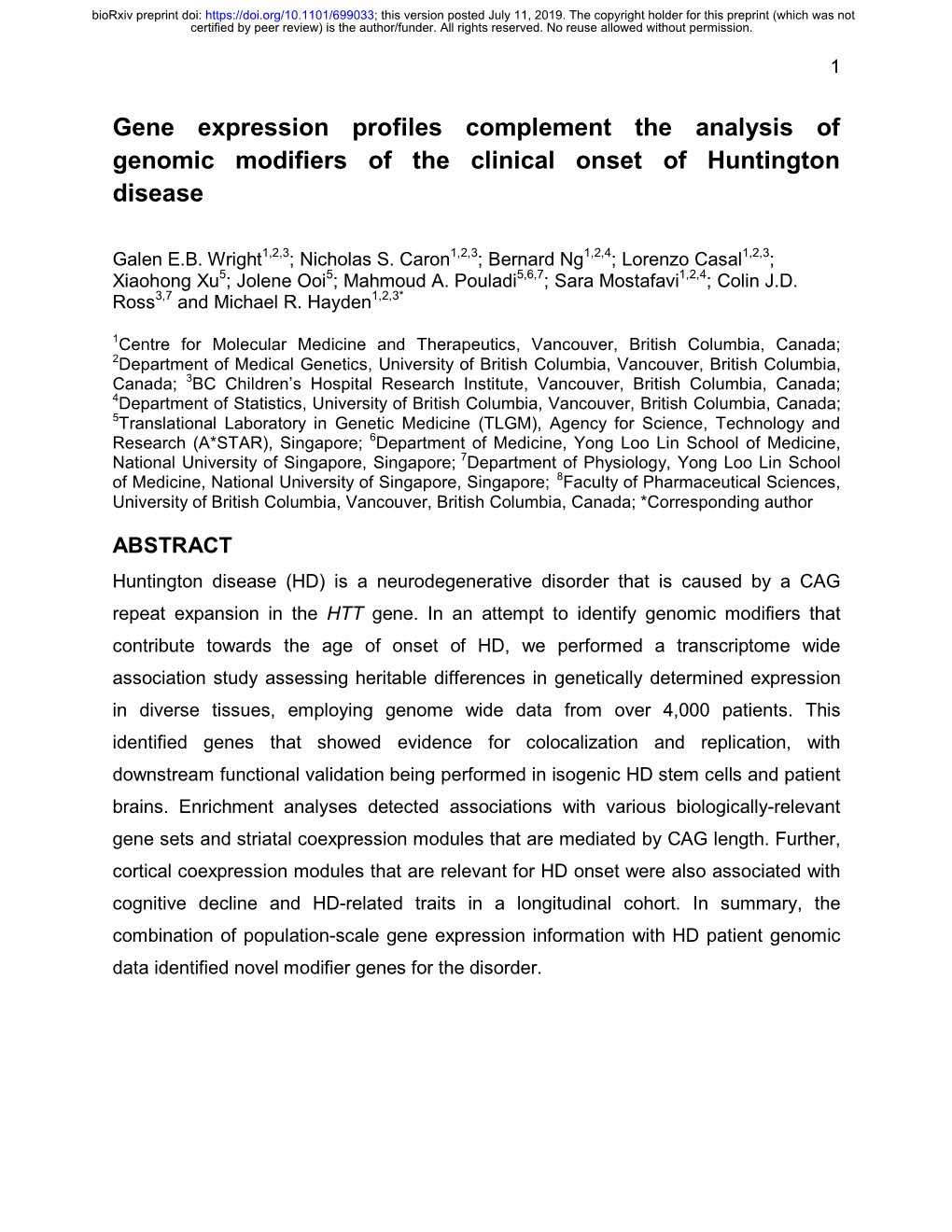 Gene Expression Profiles Complement the Analysis of Genomic Modifiers of the Clinical Onset of Huntington Disease