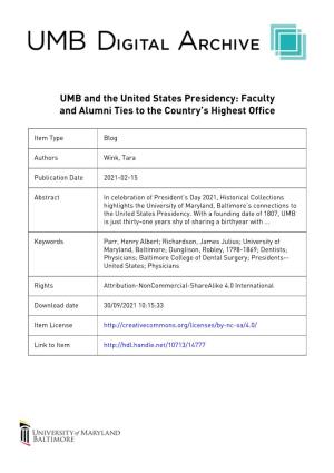 UMB and the United States Presidency: Faculty and Alumni Ties to the Country’S Highest Office