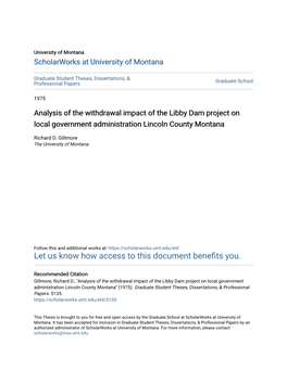 Analysis of the Withdrawal Impact of the Libby Dam Project on Local Government Administration Lincoln County Montana