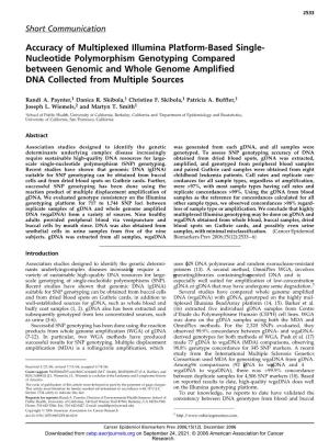 Nucleotide Polymorphism Genotyping Compared Between Genomic and Whole Genome Amplified DNA Collected from Multiple Sources
