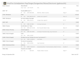 Vinylton Schallplatten Pop/Singer/Songwriter/Wave/Electronic (Gebraucht) Artikel Interpret Album/Modell Preis Vinyl Cover Jahr Prod-Nr Info WUG