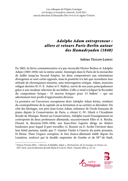 Adolphe Adam Entrepreneur : Allers Et Retours Paris-Berlin Autour Des Hamadryaden (1840)