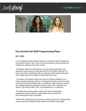 Fox Unveils Fall 2020 Programming Plans