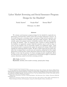 Labor Market Screening and Social Insurance Program Design for the Disabled∗