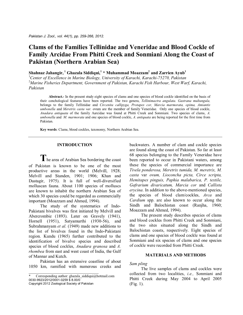 Clams of the Families Tellinidae and Veneridae and Blood Cockle of Family Arcidae from Phitti Creek and Sonmiani Along the Coast of Pakistan (Northern Arabian Sea)