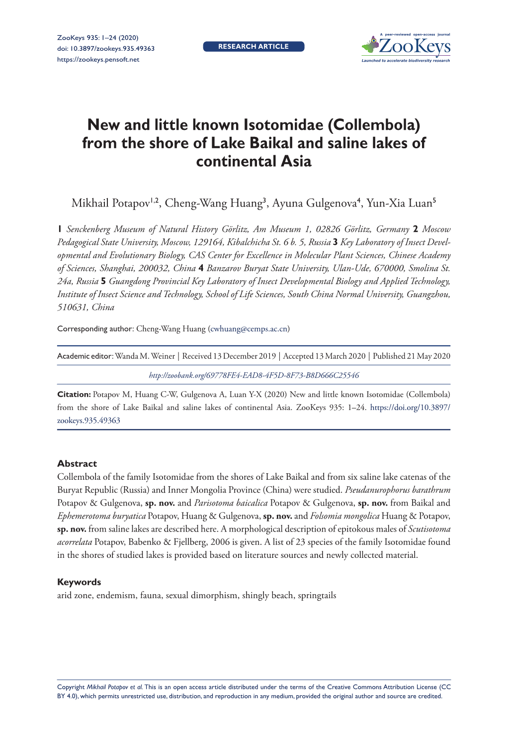 New and Little Known Isotomidae (Collembola) from the Shore of Lake Baikal and Saline Lakes of Continental Asia