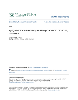 Eying Italians: Race, Romance, and Reality in American Perception, 1880--1910