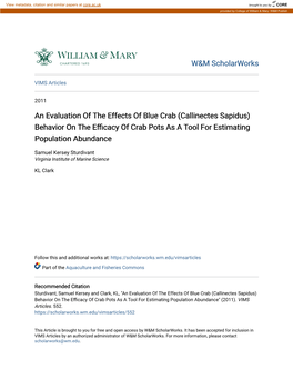 An Evaluation of the Effects of Blue Crab (Callinectes Sapidus) Behavior on the Efficacy of Abcr Pots As a Tool for Estimating Population Abundance