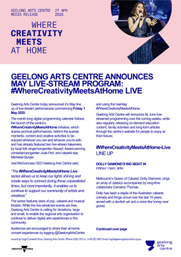 GEELONG ARTS CENTRE ANNOUNCES MAY LIVE-STREAM PROGRAM: #Wherecreativitymeetsathome LIVE