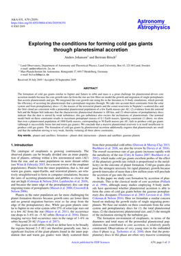 Exploring the Conditions for Forming Cold Gas Giants Through Planetesimal Accretion Anders Johansen1 and Bertram Bitsch2