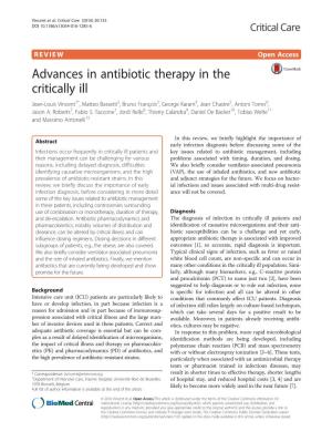 Advances in Antibiotic Therapy in the Critically Ill Jean-Louis Vincent1*, Matteo Bassetti2, Bruno François3, George Karam4, Jean Chastre5, Antoni Torres6, Jason A