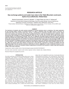 Gas Exchange Patterns and Water Loss Rates in the Table Mountain Cockroach, Aptera Fusca (Blattodea: Blaberidae)