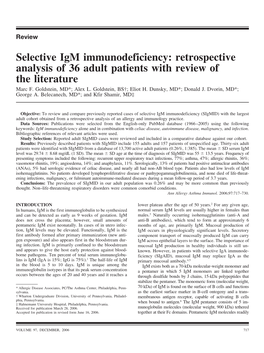 Selective Igm Immunodeficiency: Retrospective Analysis of 36 Adult Patients with Review of the Literature Marc F